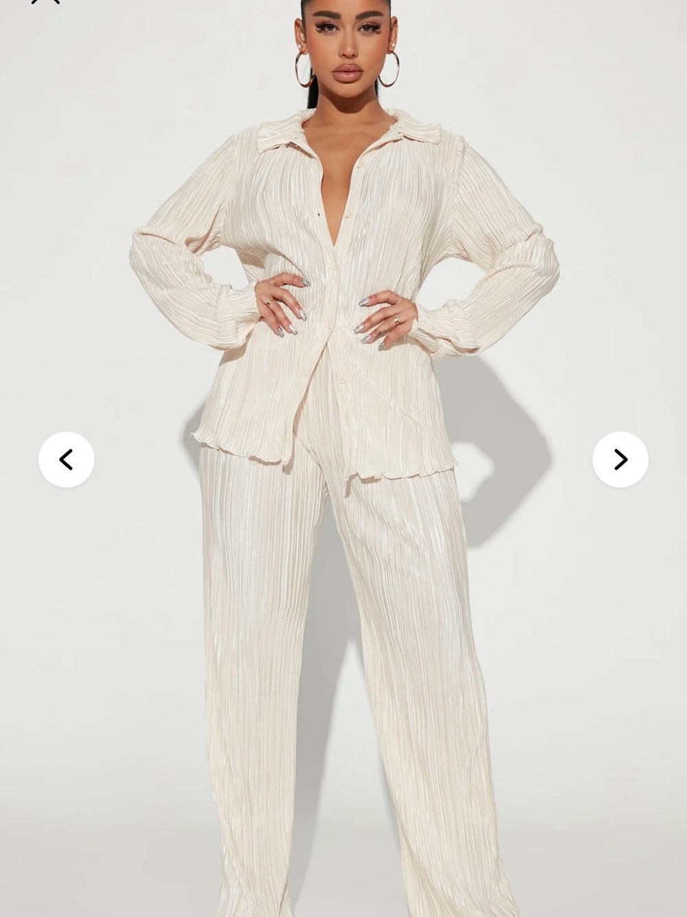 Women's Cream Pleated Button-Down Pants Set